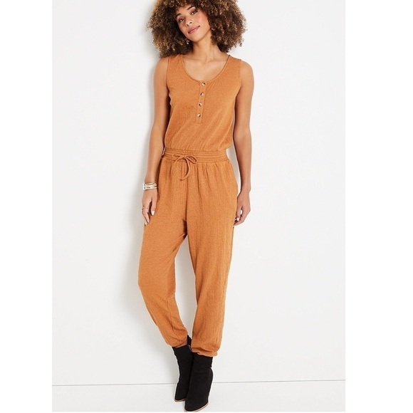 Maurices Mustard Yellow Gold Drawcord Waist Pocket Sleeveless Jumpsuit S - Picture 1 of 9